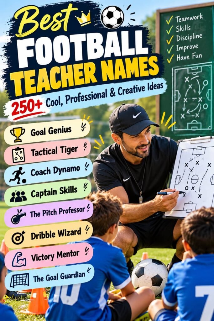 Best football teacher names featuring Goal Genius, Tactical Tiger, Coach Dynamo, Captain Skills, and other creative football coach nicknames.