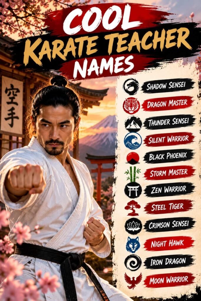 Cool karate teacher names displayed beside a karate instructor in a traditional dojo