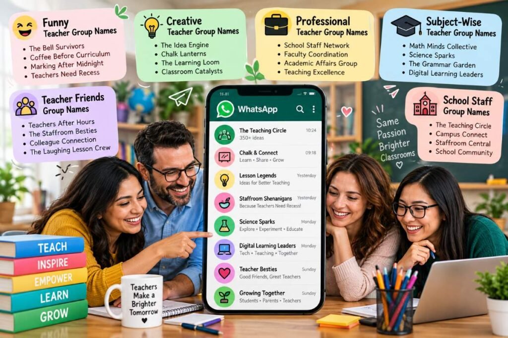 Teachers group names for WhatsApp featuring funny, creative, professional, subject-wise, and school staff group name ideas.