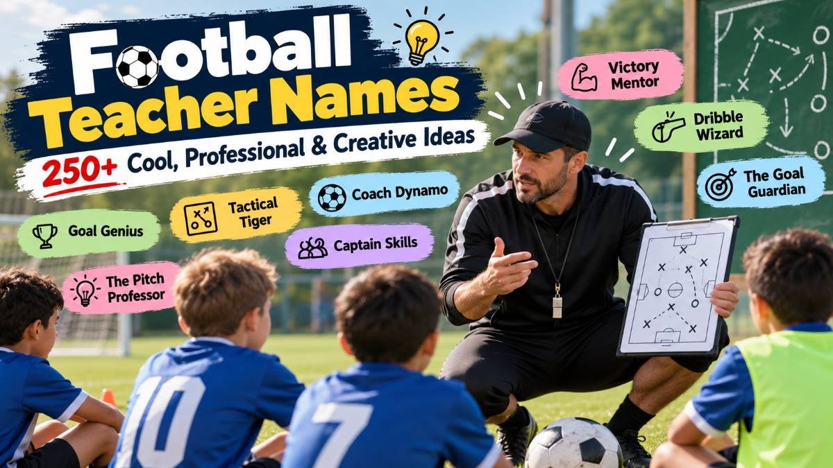 Football coach teaching young players on a soccer field with football teacher name ideas.