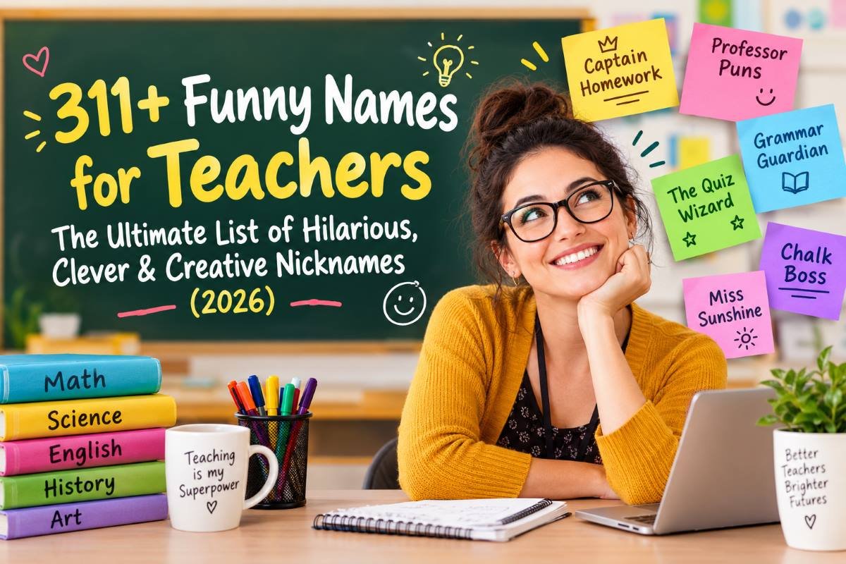 Funny names for teachers featuring a cheerful classroom, playful teacher nicknames, colorful sticky notes, and books